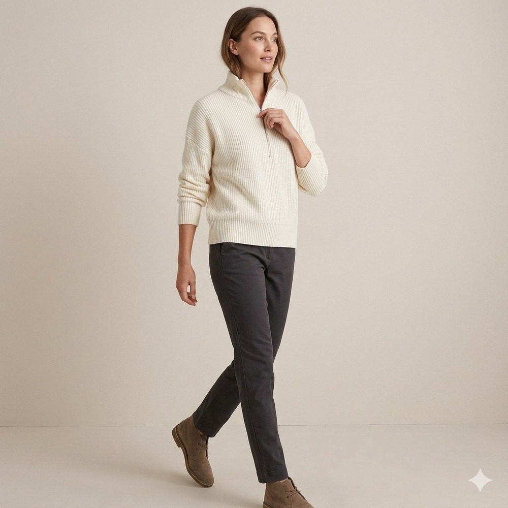 Nine West Half Zip XL Cream Rayon Knit Preppy Chic Sequin Sparkle Ribbed Sweater - Picture 9 of 11